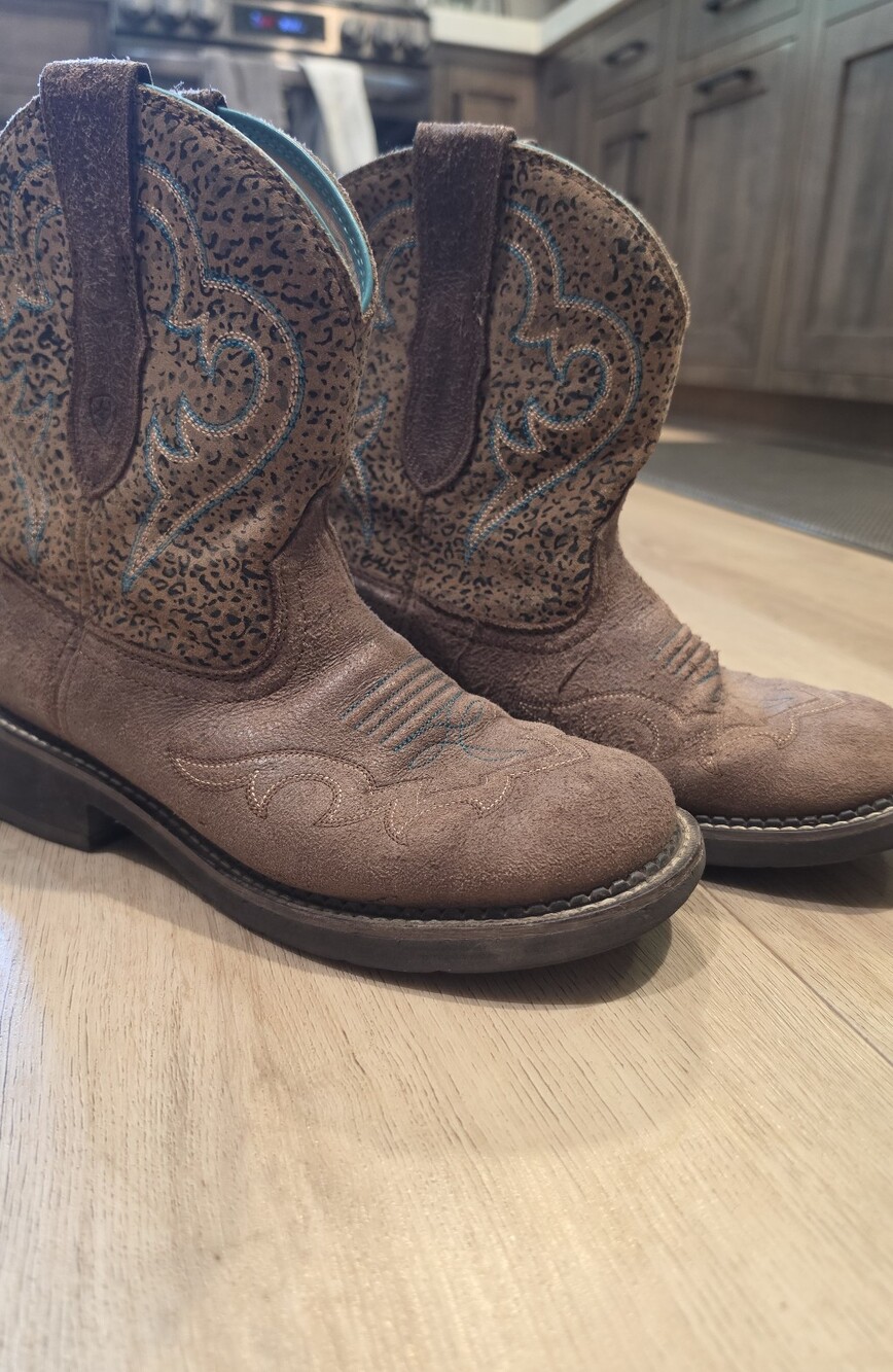 Ariat Womens 9B Brown Suede Leopard Print Western Cowboy Boots Turquoise